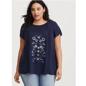 Torrid Navy Floral Pintuck Challis Blouse Embroidered Cottagecore Size 00 M/L